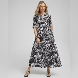Chicos Tiered Maxi Dress Size 2 Black White Cotton Roll Tab Sleeve Womens Large